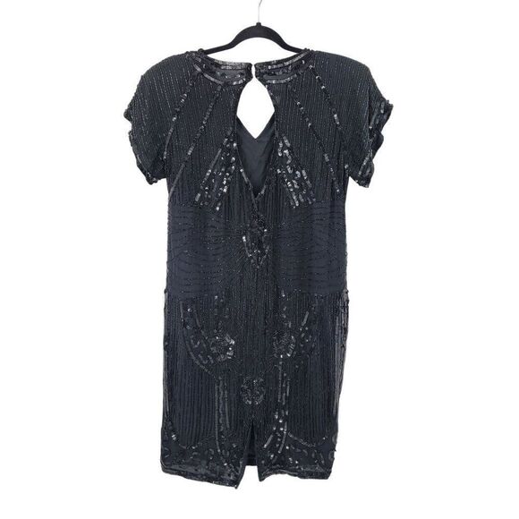 Vintage 80s Silk Black Beaded Sequined Short Sleeve Flapper Dress Sz M Cutout - Picture 2 of 14